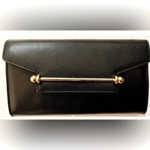 Italian Caviar Leather Elegant Black Clutch with Gold Bar Accent. NEW